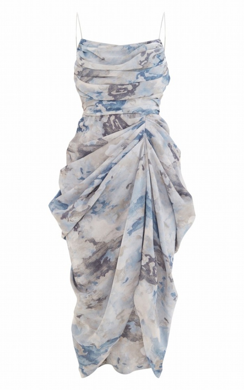 Grey Pretty Little Thing Abstract Print Chiffon Ruched Drape Dresses | YHASPUI-04