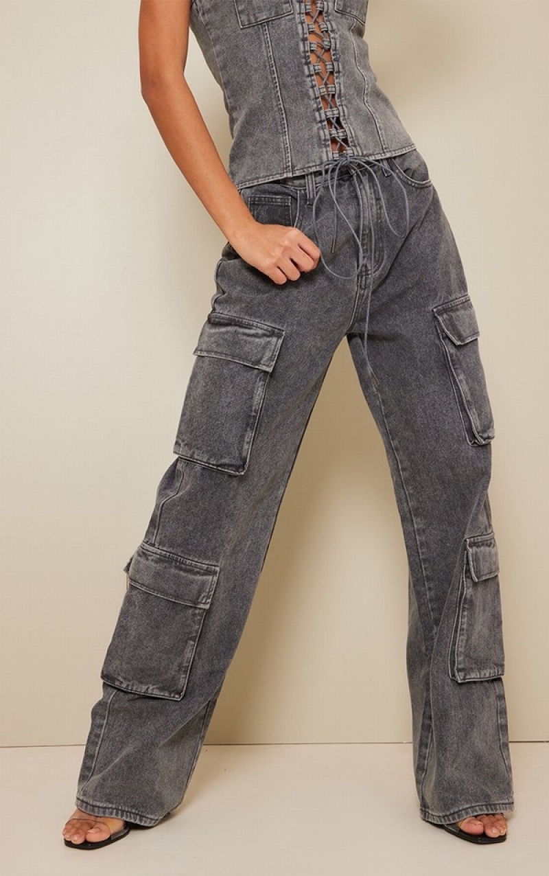 Grey Pretty Little Thing Acid Wash Cargo Pocket Detail Slim Wide Leg Jeans | WLMDZFI-28