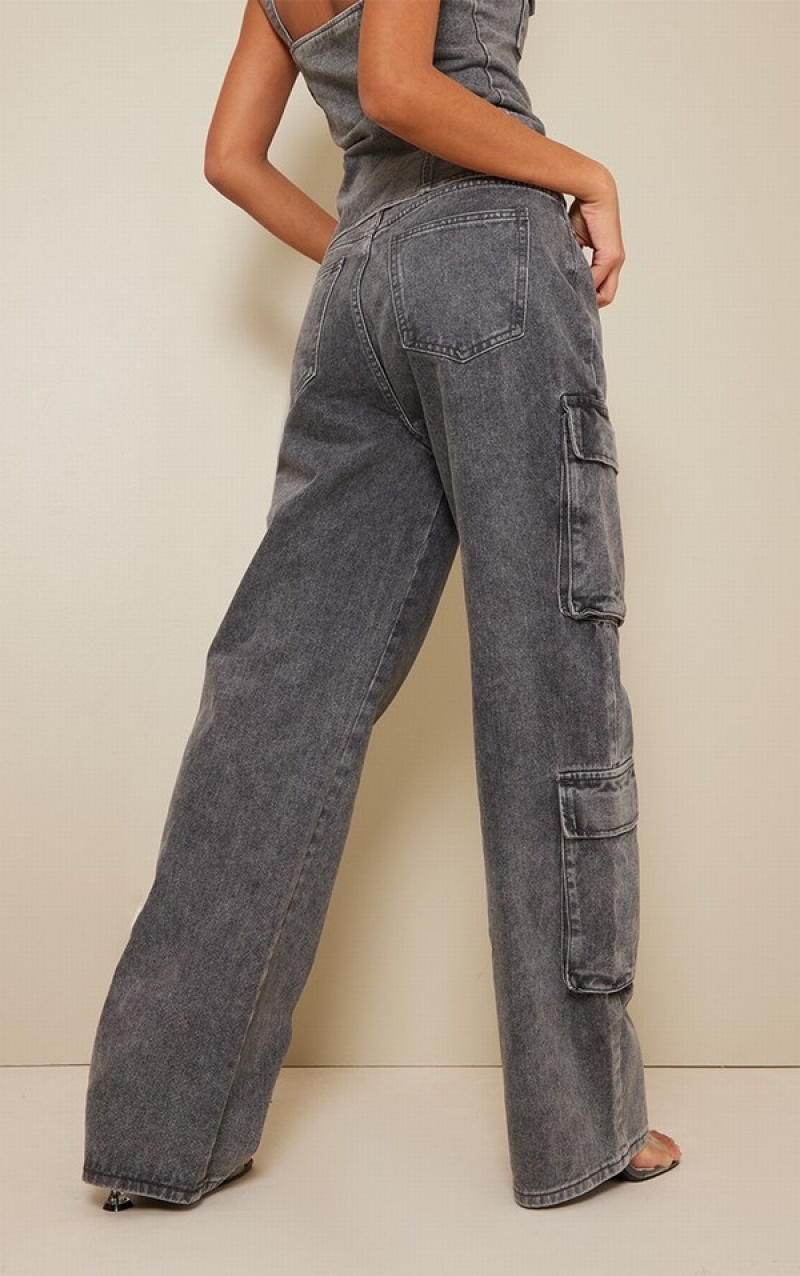 Grey Pretty Little Thing Acid Wash Cargo Pocket Detail Slim Wide Leg Jeans | WLMDZFI-28