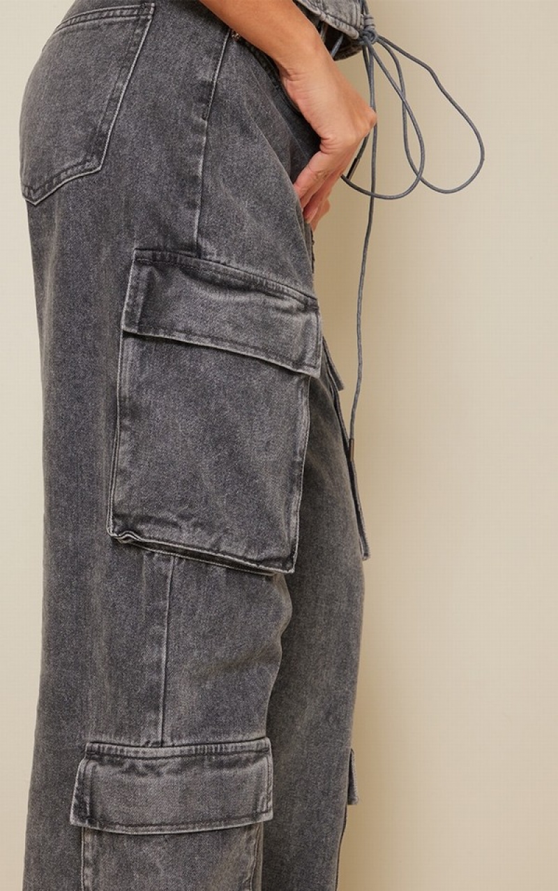 Grey Pretty Little Thing Acid Wash Cargo Pocket Detail Slim Wide Leg Jeans | WLMDZFI-28