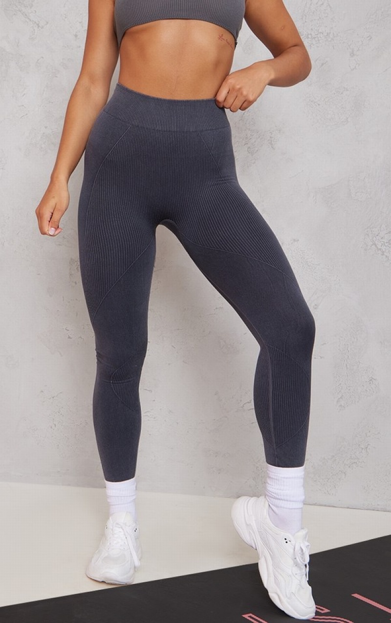 Grey Pretty Little Thing And Charcoal Two Pack Washed Rib Seamless High Waist Gym Leggings | DYKEBIF-70