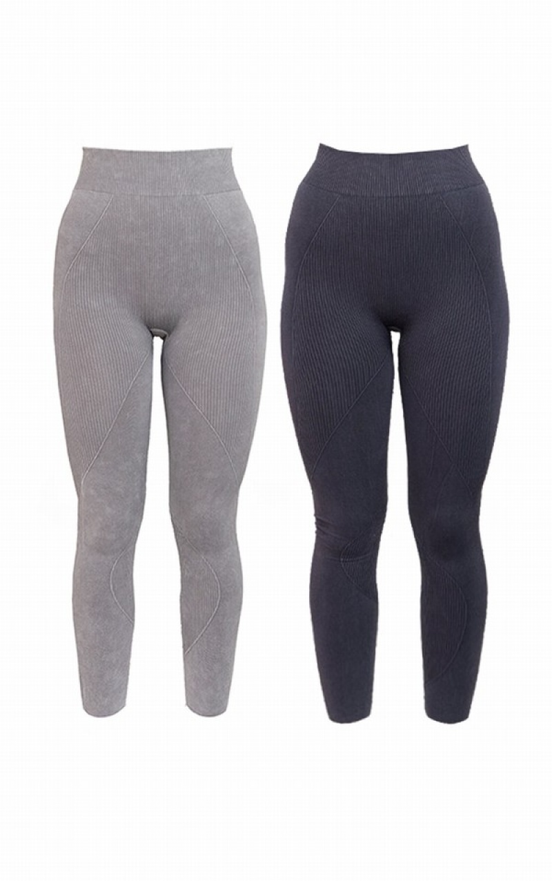 Grey Pretty Little Thing And Charcoal Two Pack Washed Rib Seamless High Waist Gym Leggings | DYKEBIF-70