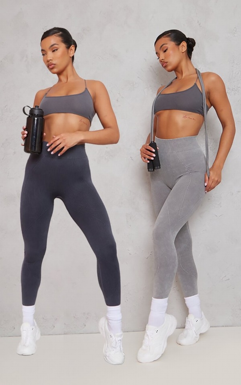 Grey Pretty Little Thing And Charcoal Two Pack Washed Rib Seamless High Waist Gym Leggings | DYKEBIF-70