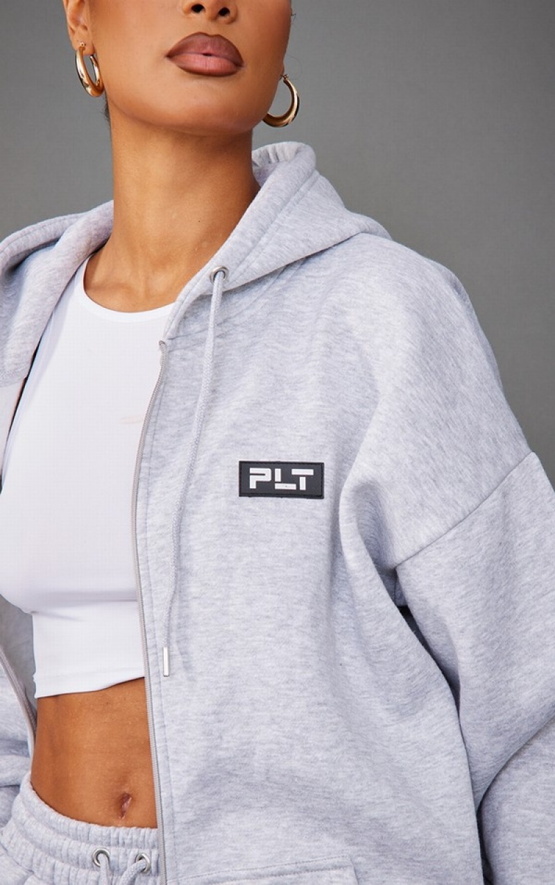 Grey Pretty Little Thing Ash Badge Oversized Zip Hoodie | TWYPJZE-48