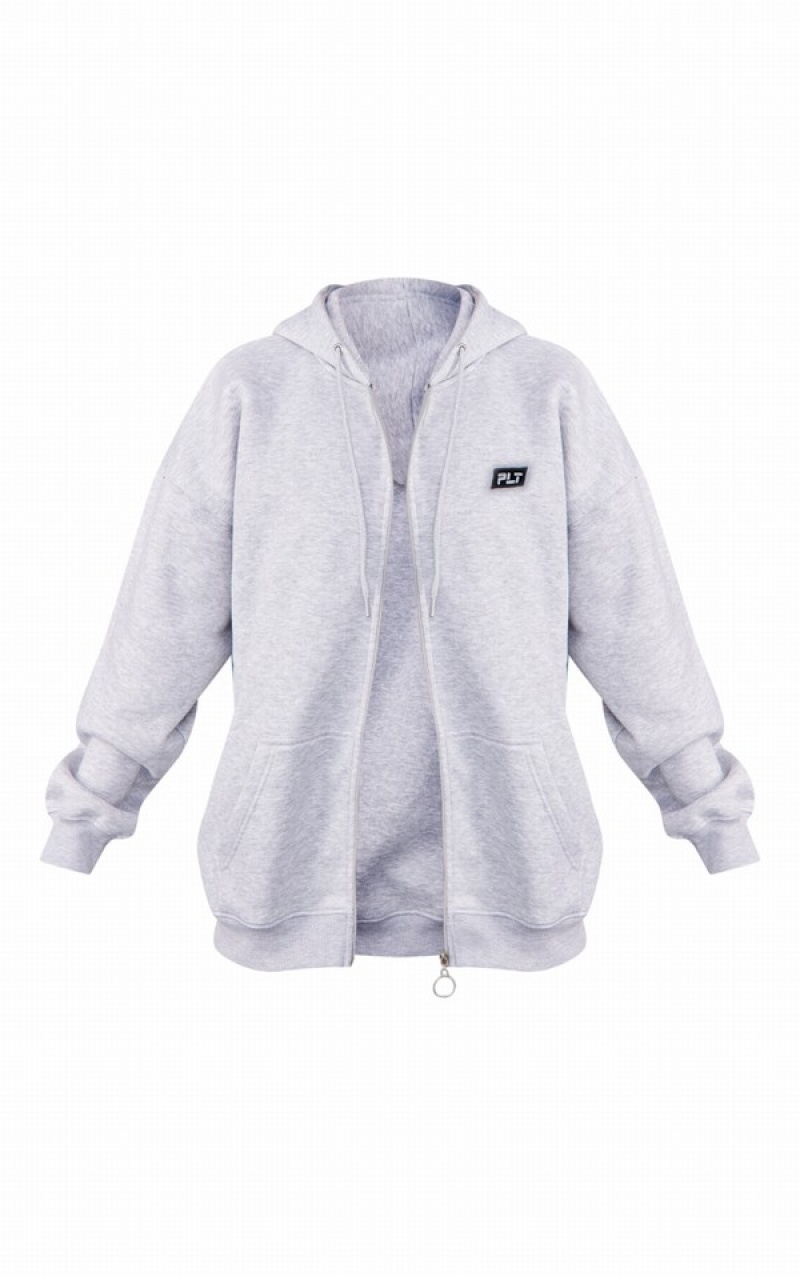 Grey Pretty Little Thing Ash Badge Oversized Zip Hoodie | TWYPJZE-48