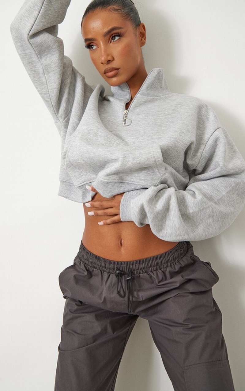 Grey Pretty Little Thing Ash Half Zip High Neck Crop Sweatshirts | JHXQGBV-23