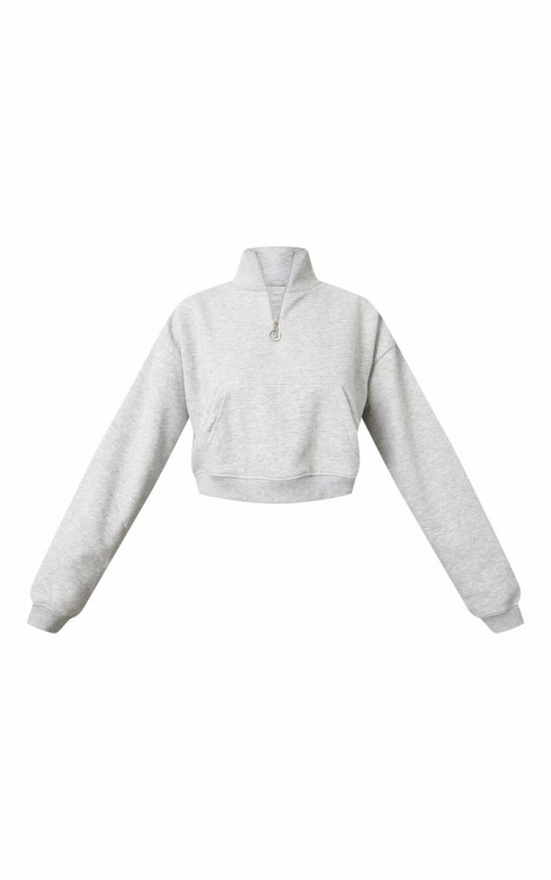 Grey Pretty Little Thing Ash Half Zip High Neck Crop Sweatshirts | JHXQGBV-23