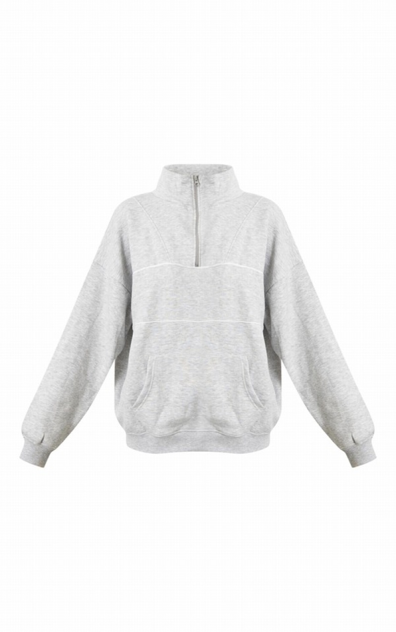 Grey Pretty Little Thing Ash Half Zip Oversized Contrast Piping Sweatshirts | CKOVGSM-61