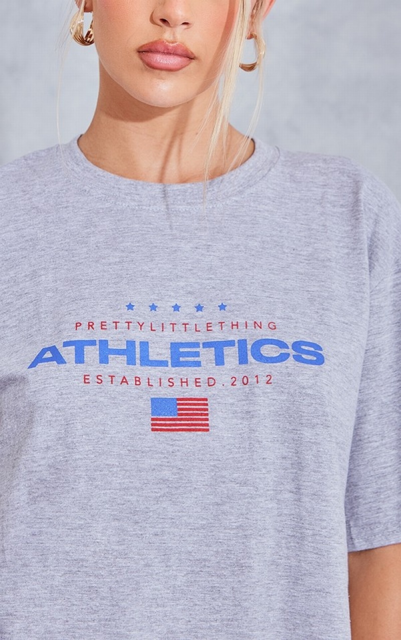 Grey Pretty Little Thing Athletics Print Oversized T-shirts | XSCLGNW-98