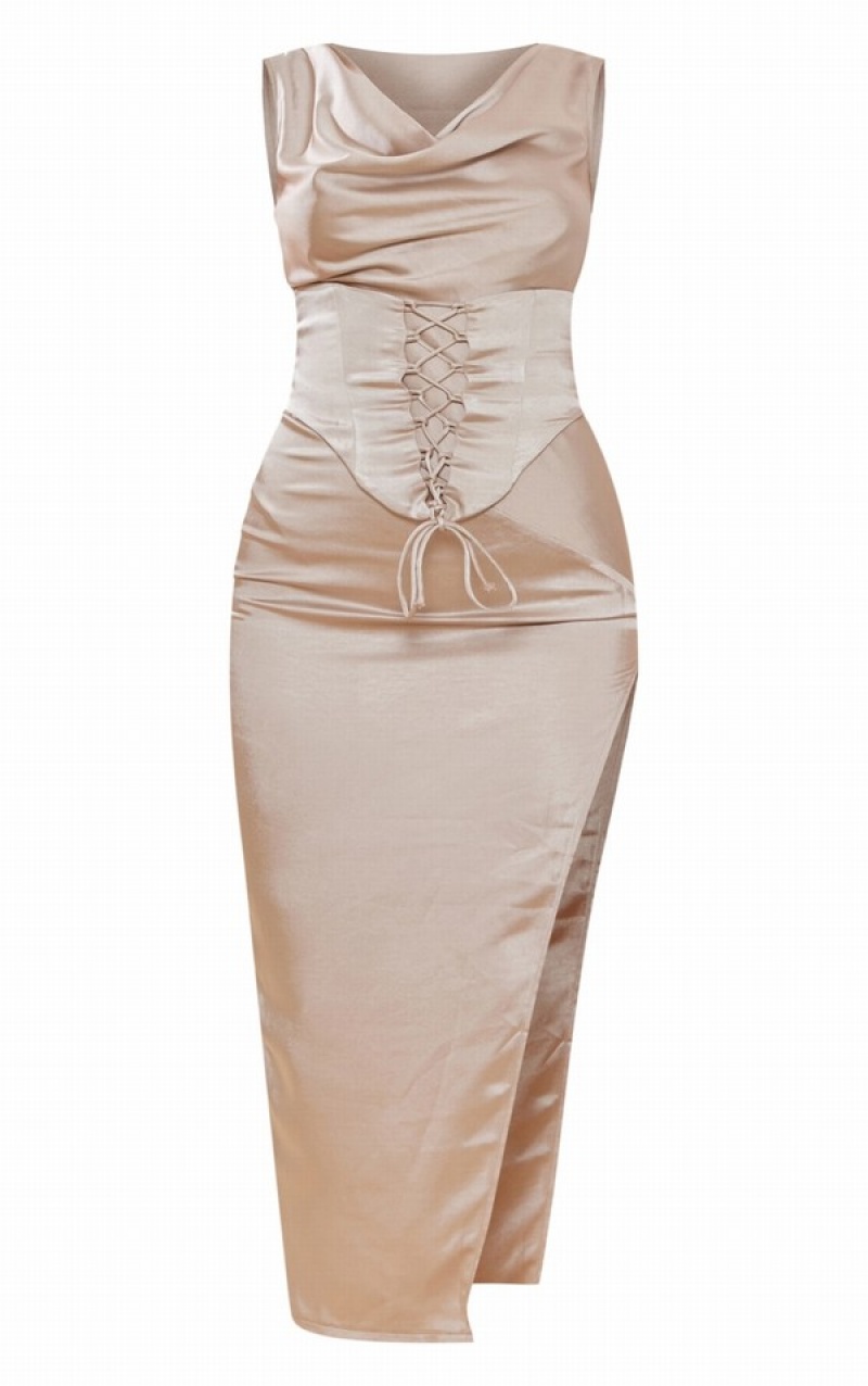 Grey Pretty Little Thing Champagne Satin Cowl Lace Up Corset Midaxi Dresses | BQYGJXP-95