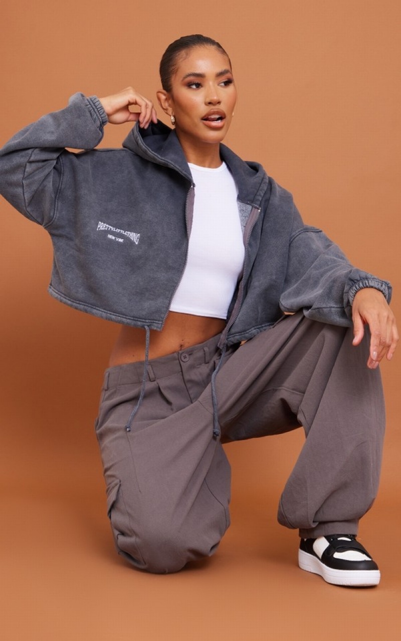 Grey Pretty Little Thing Charcoal EmbroideWashed Tie Crop Hoodie | OICXUAV-93