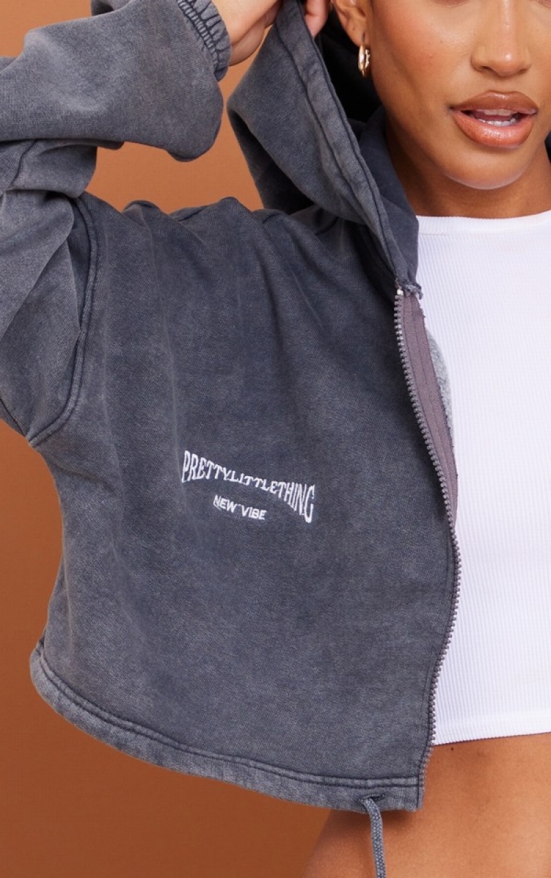 Grey Pretty Little Thing Charcoal EmbroideWashed Tie Crop Hoodie | OICXUAV-93