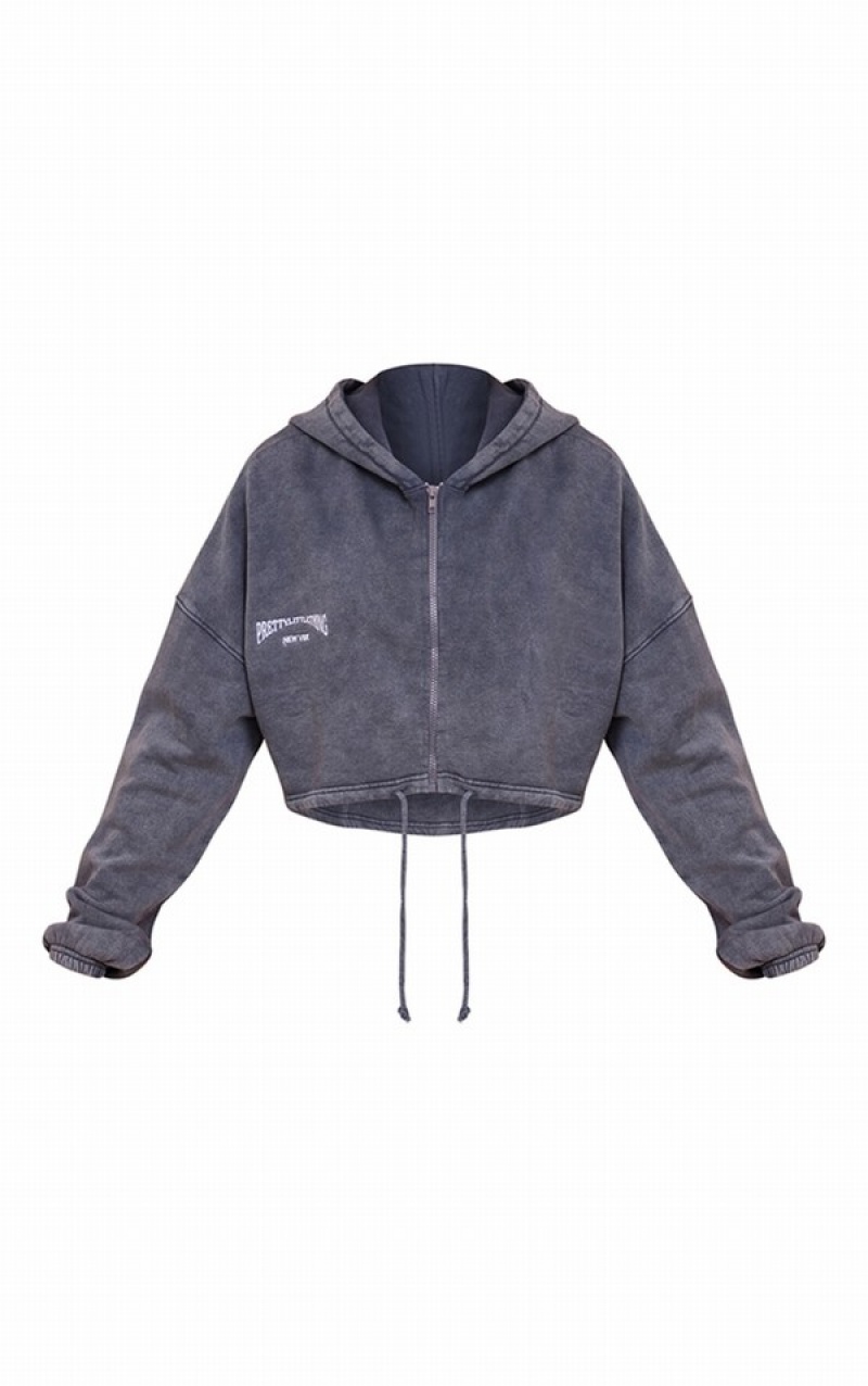 Grey Pretty Little Thing Charcoal EmbroideWashed Tie Crop Hoodie | OICXUAV-93