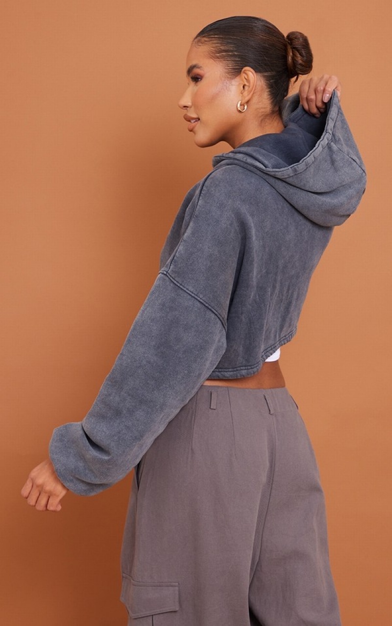 Grey Pretty Little Thing Charcoal EmbroideWashed Tie Crop Hoodie | OICXUAV-93