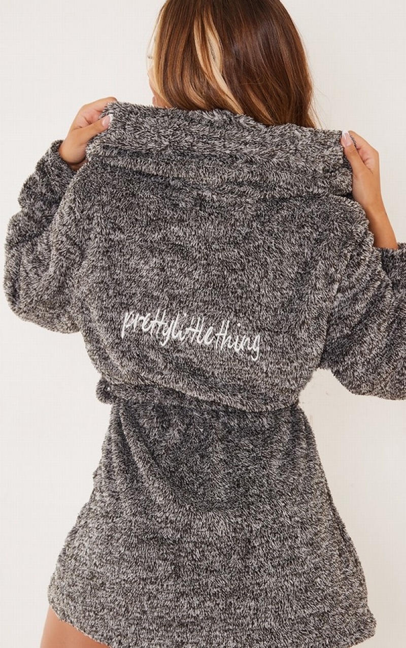 Grey Pretty Little Thing Charcoal Fluffy Bath Robe Sleepwear | XLZUDER-91