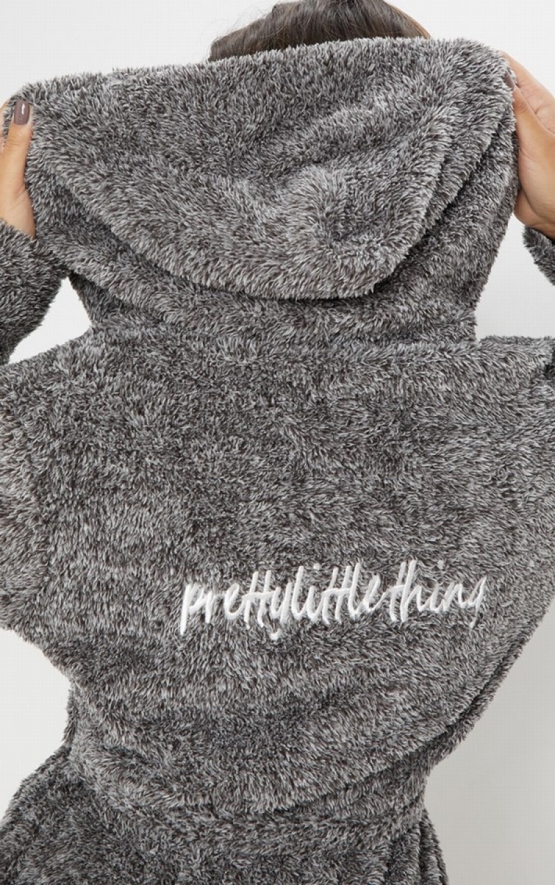 Grey Pretty Little Thing Charcoal Fluffy Bath Robe Sleepwear | XLZUDER-91