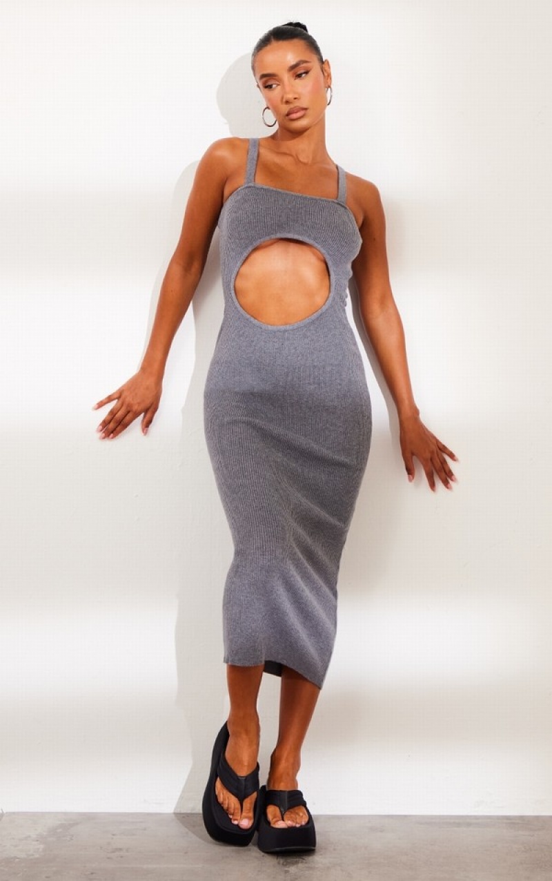 Grey Pretty Little Thing Charcoal Front Cut Out Soft Rib Maxi Dresses | SZLIGBO-03