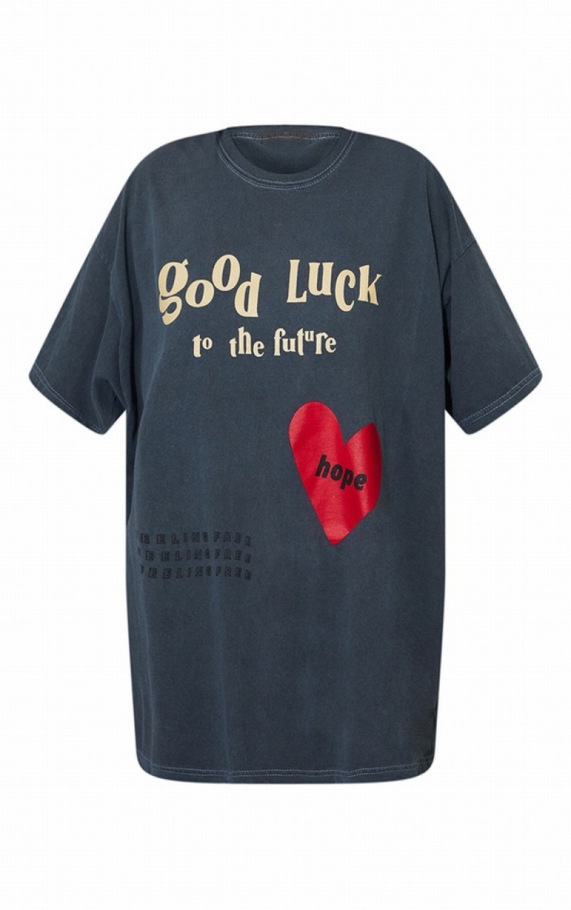 Grey Pretty Little Thing Charcoal Good Luck Heart Print Washed T-shirts | FHEJRNL-81