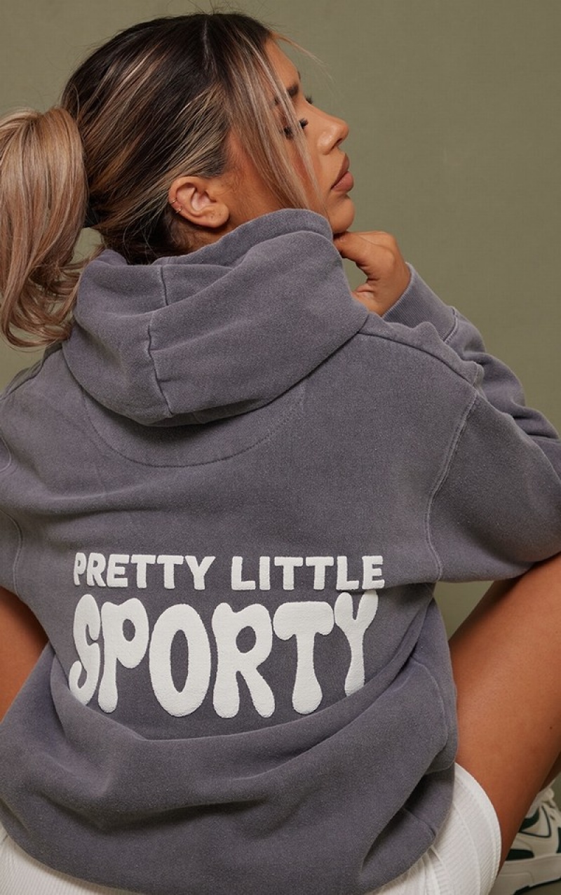 Grey Pretty Little Thing Charcoal Pretty Little Sporty Back Puff Print Hoodie | CGXDMOW-14