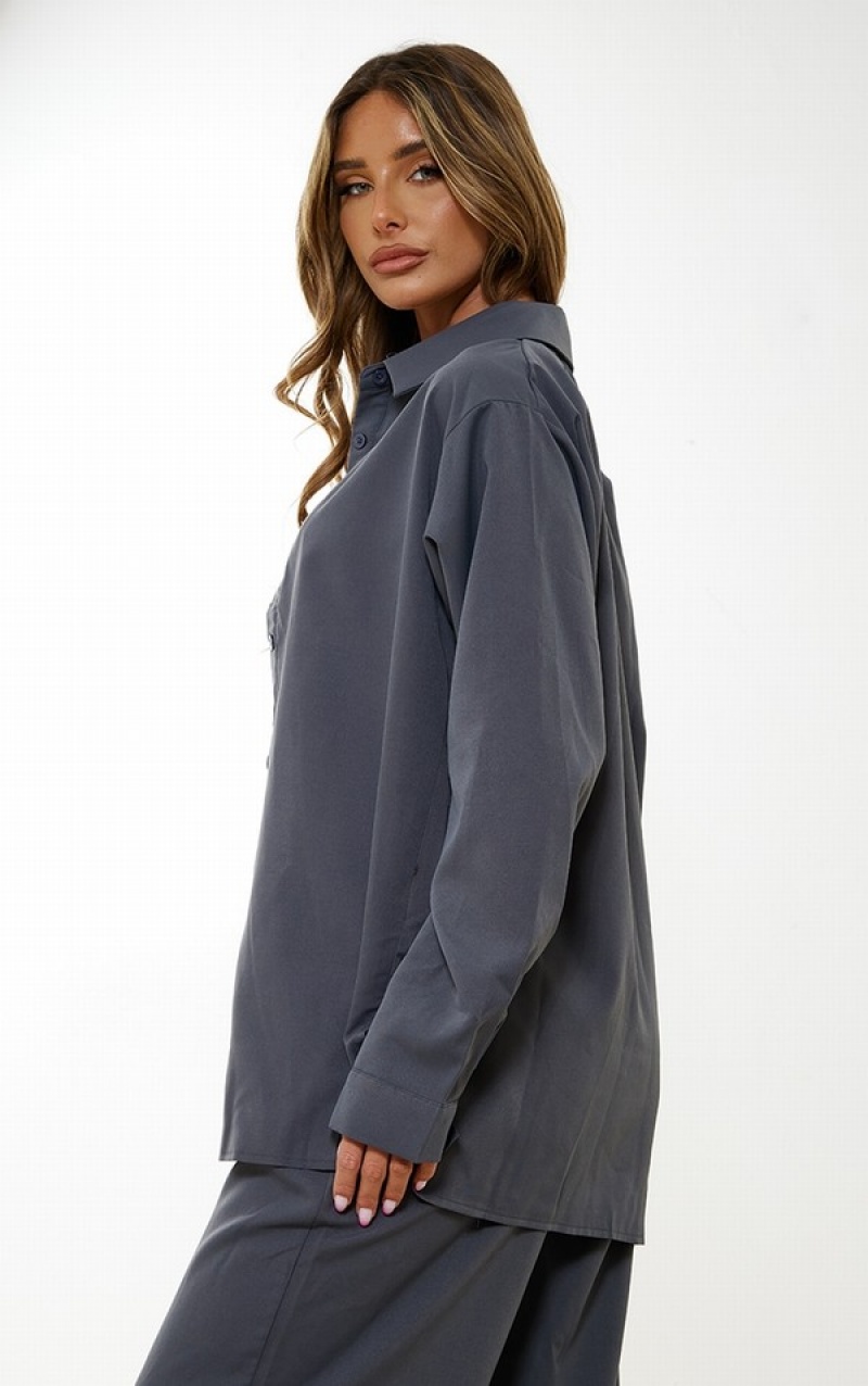 Grey Pretty Little Thing Charcoal Woven Oversized Button Up Shirts | IVQDTXJ-72