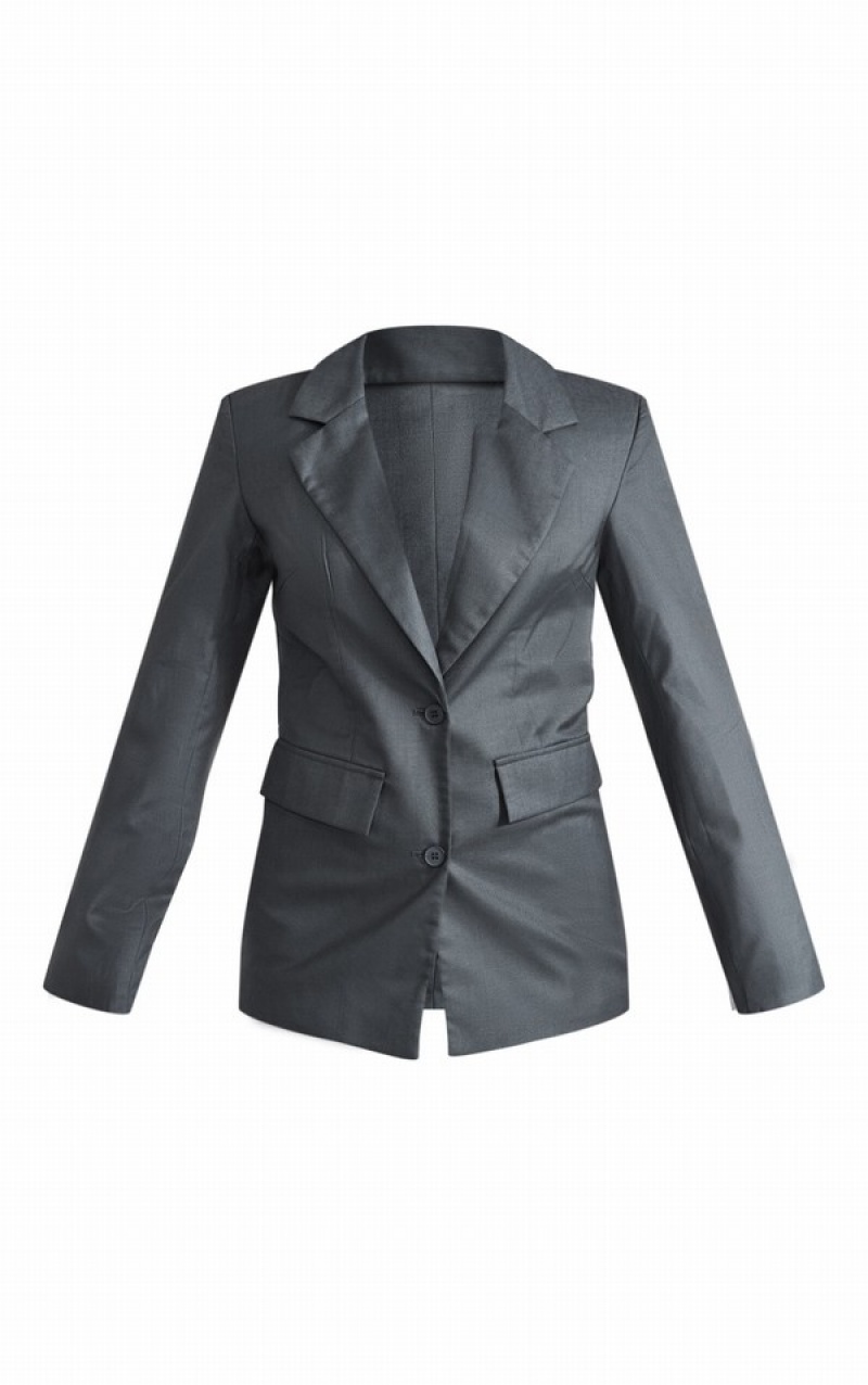 Grey Pretty Little Thing Charcoal Woven StructuCinched Waist Longline Blazers | LWUVZGE-26