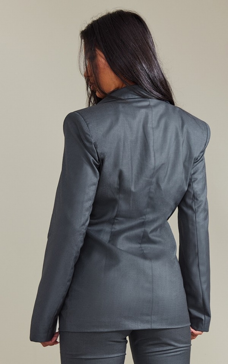 Grey Pretty Little Thing Charcoal Woven StructuCinched Waist Longline Blazers | LWUVZGE-26