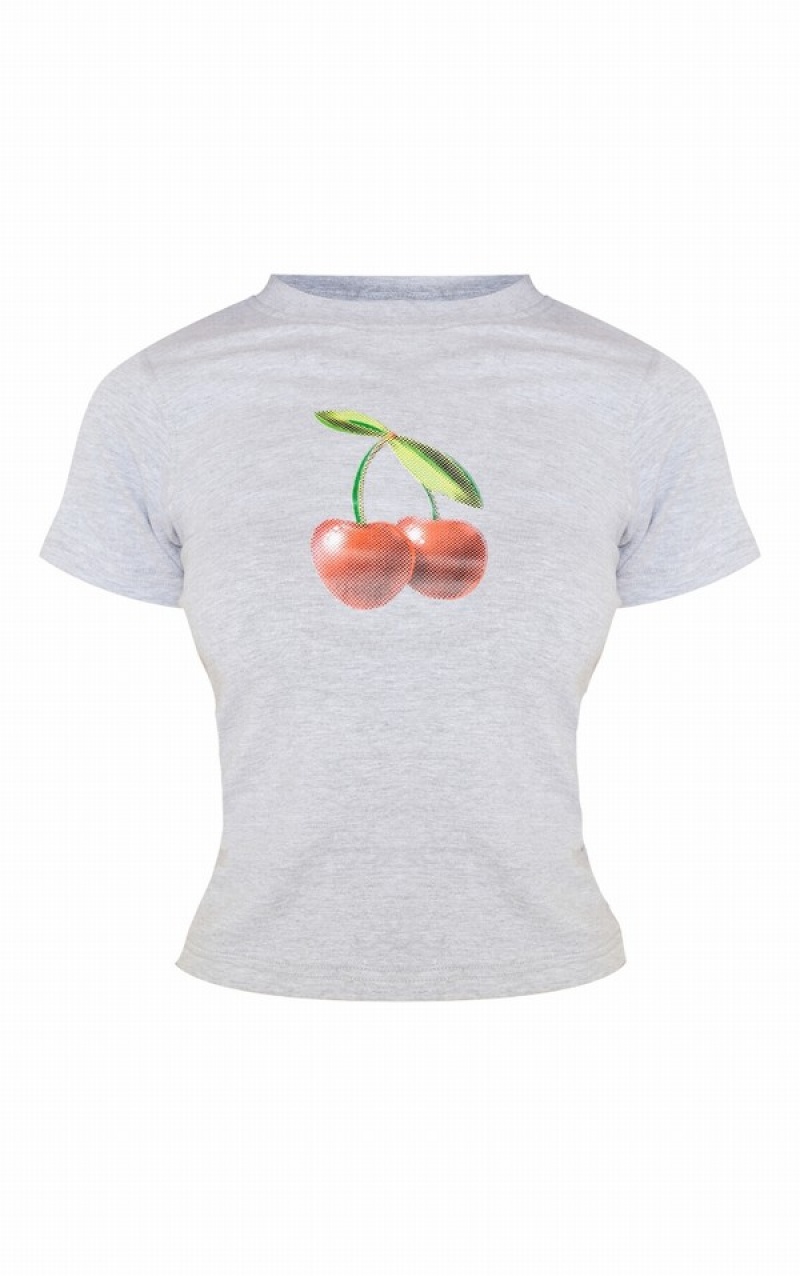 Grey Pretty Little Thing Cherry Printed Fitted Long T-shirts | JOWEBLS-79