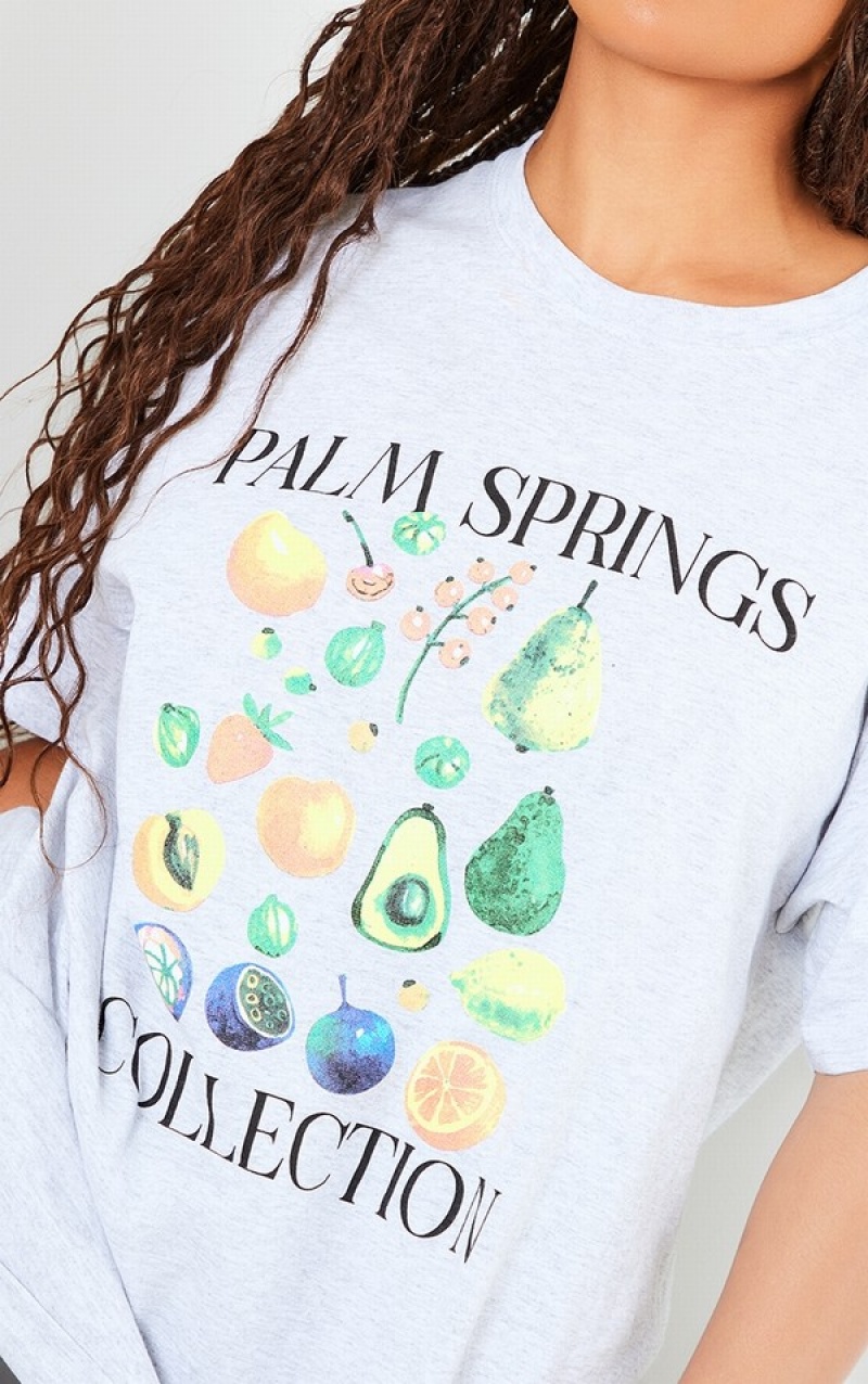 Grey Pretty Little Thing Marl Palm Springs Fruit Printed T-shirts | KLGMCAZ-45