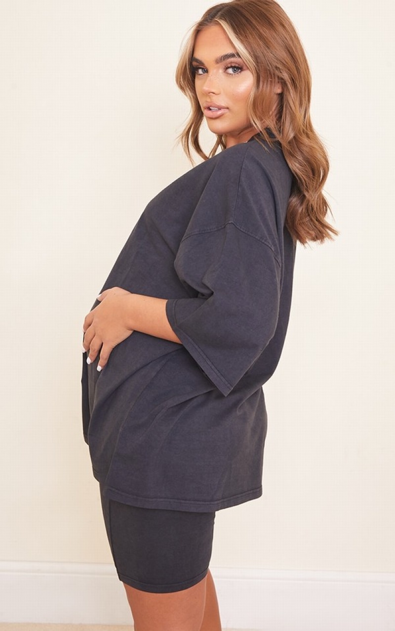 Grey Pretty Little Thing Maternity Acid Wash Oversized Cotton T-shirts | FGADEQR-84