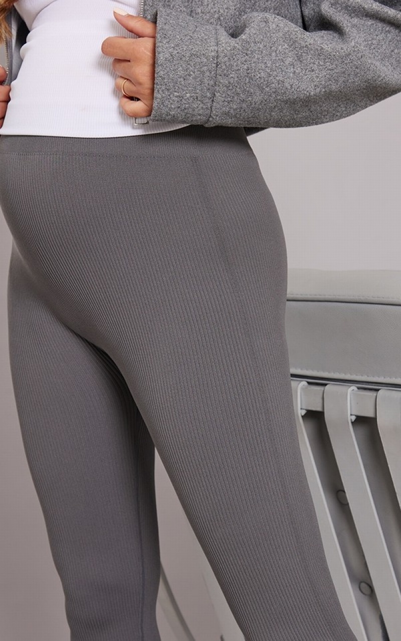 Grey Pretty Little Thing Maternity Charcoal Snatched Rib Leggings | FZHMYCL-35