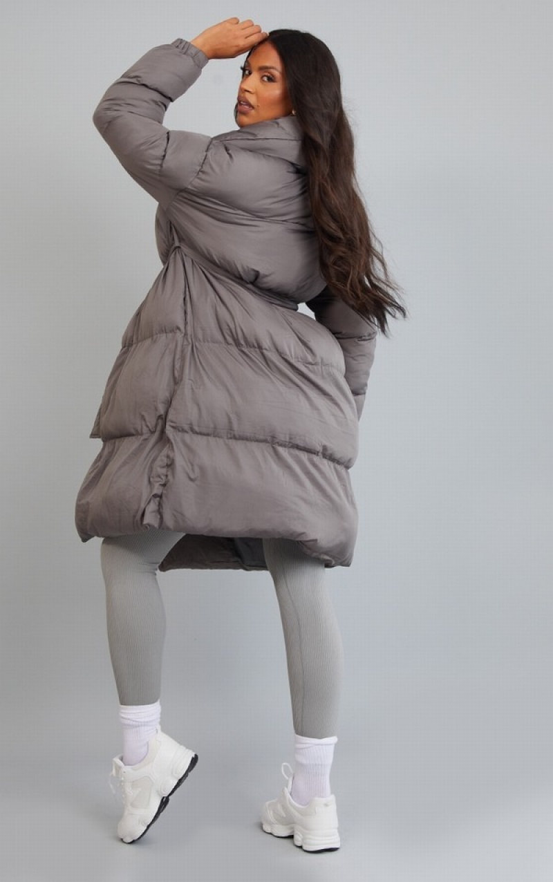 Grey Pretty Little Thing Maternity Oversized Collar ed Longline Puffer Jackets | HYBJREP-01