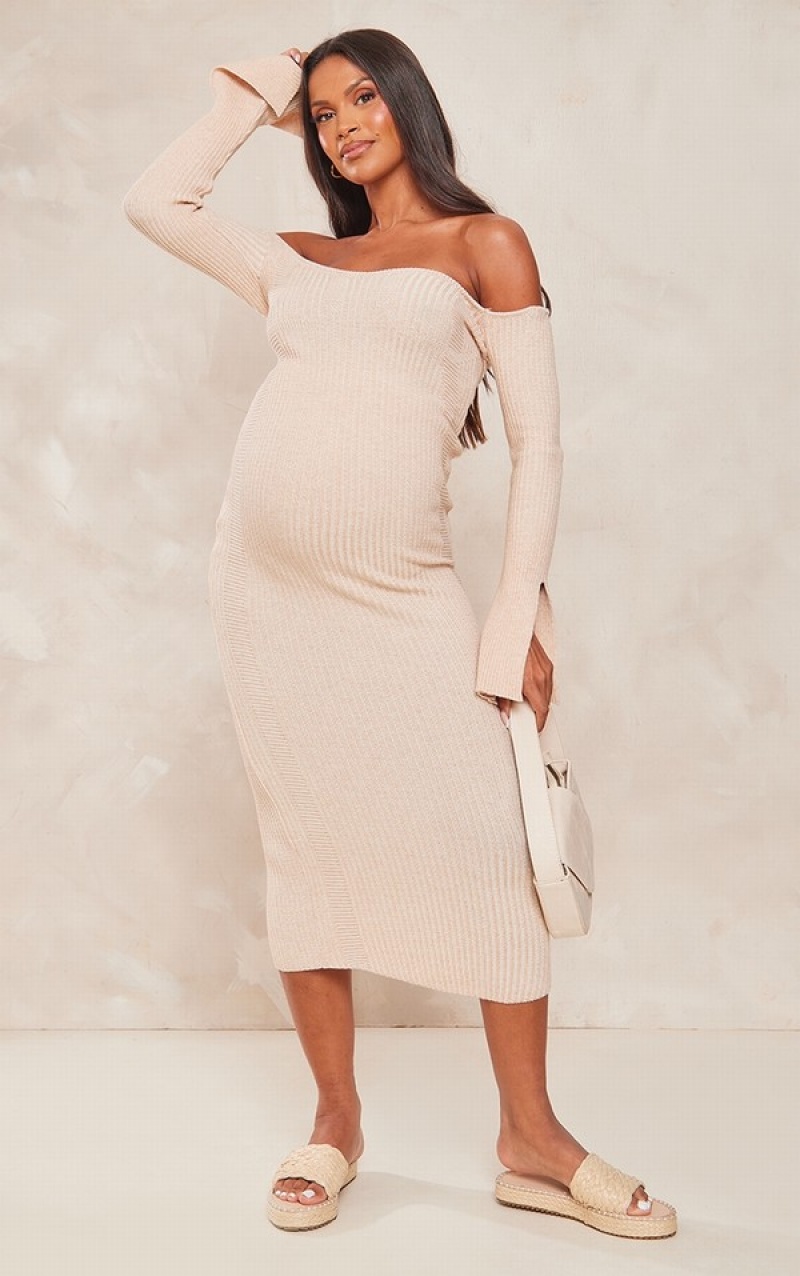 Grey Pretty Little Thing Maternity Stone Off The Shoulder Contrast Knit Midaxi Dresses | HCZALQK-78