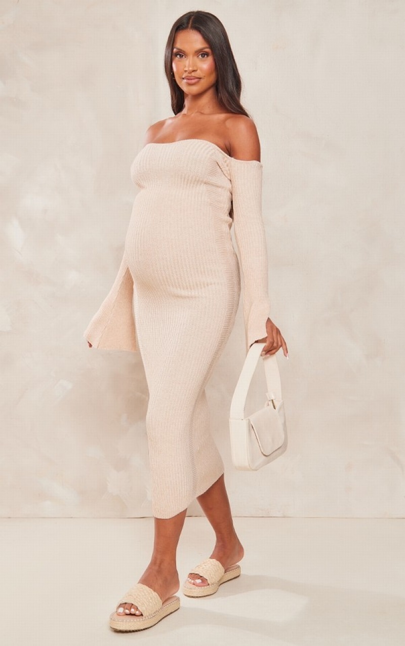 Grey Pretty Little Thing Maternity Stone Off The Shoulder Contrast Knit Midaxi Dresses | HCZALQK-78