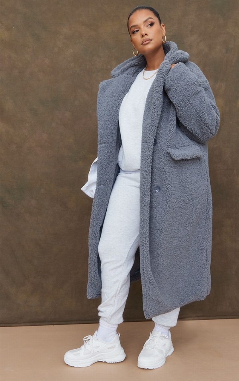 Grey Pretty Little Thing PLT Label Plus Charcoal Longline Borg Coats | MBQLWPI-56