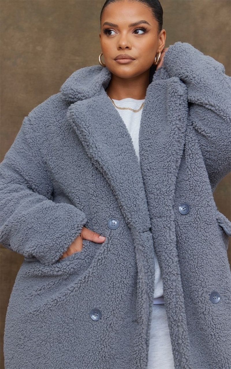 Grey Pretty Little Thing PLT Label Plus Charcoal Longline Borg Coats | MBQLWPI-56