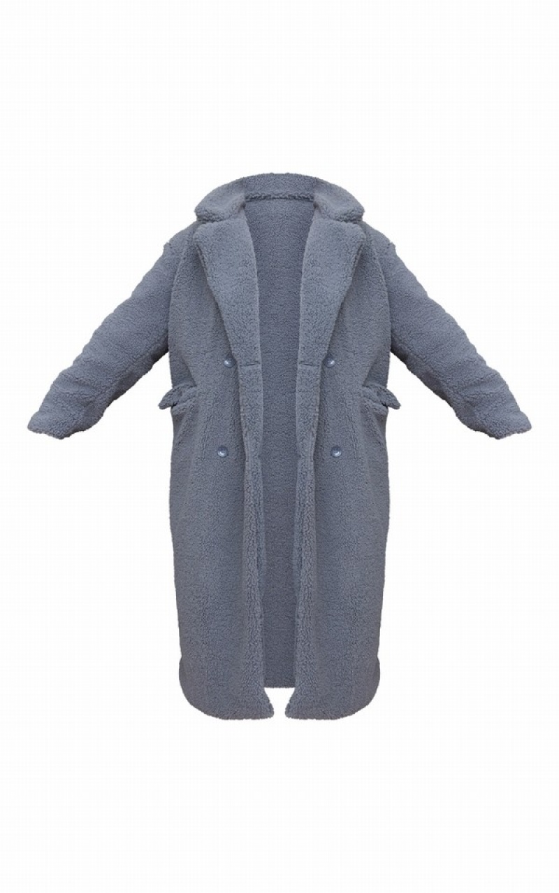 Grey Pretty Little Thing PLT Label Plus Charcoal Longline Borg Coats | MBQLWPI-56