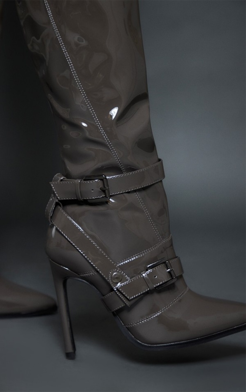 Grey Pretty Little Thing Patent Pu Point Toe Buckle Detail High Stilettoed Knee Boots | NRAHJYI-30