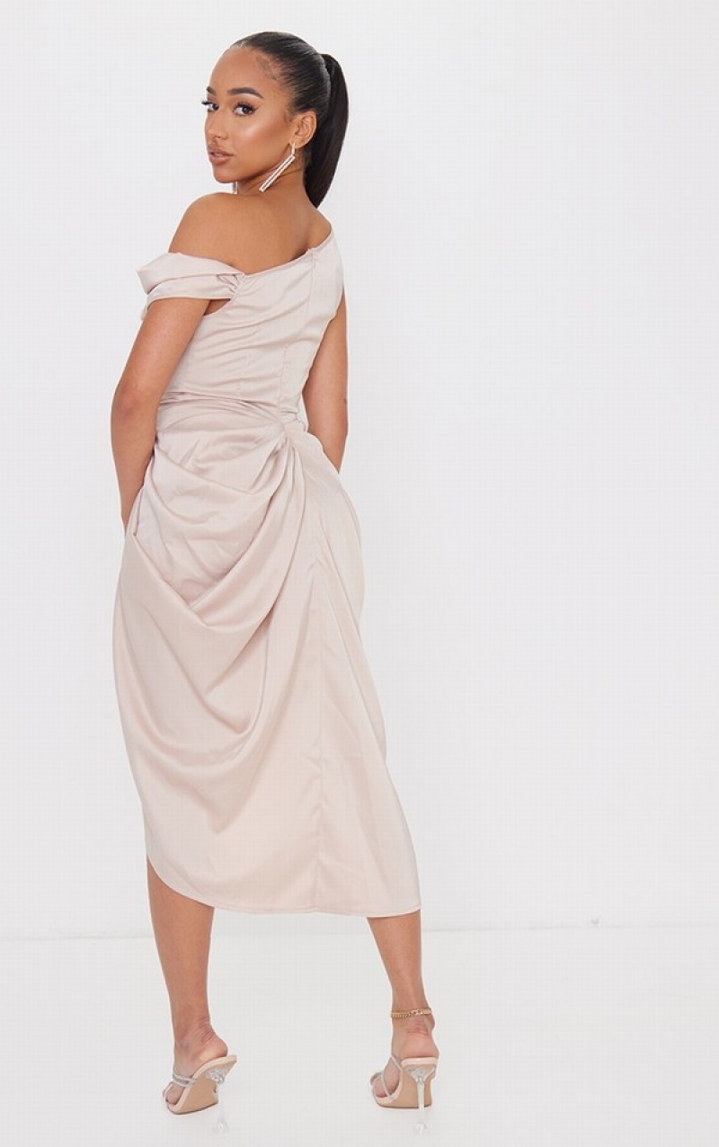 Grey Pretty Little Thing Petite Champagne Satin Off The Shoulder Draped Dresses | FTGJSWV-76