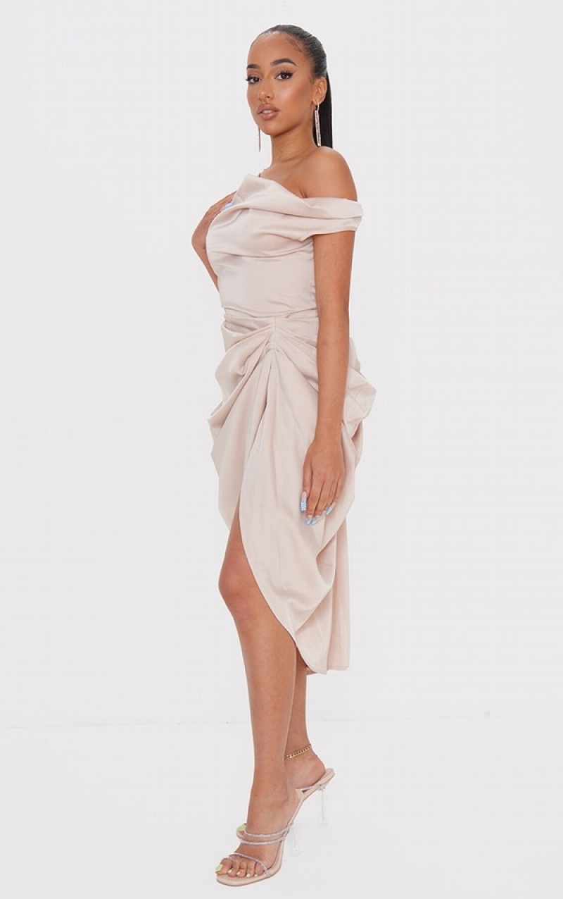 Grey Pretty Little Thing Petite Champagne Satin Off The Shoulder Draped Dresses | FTGJSWV-76