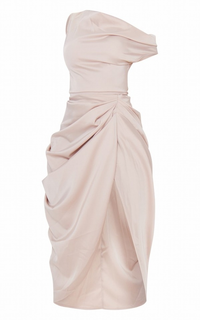 Grey Pretty Little Thing Petite Champagne Satin Off The Shoulder Draped Dresses | FTGJSWV-76