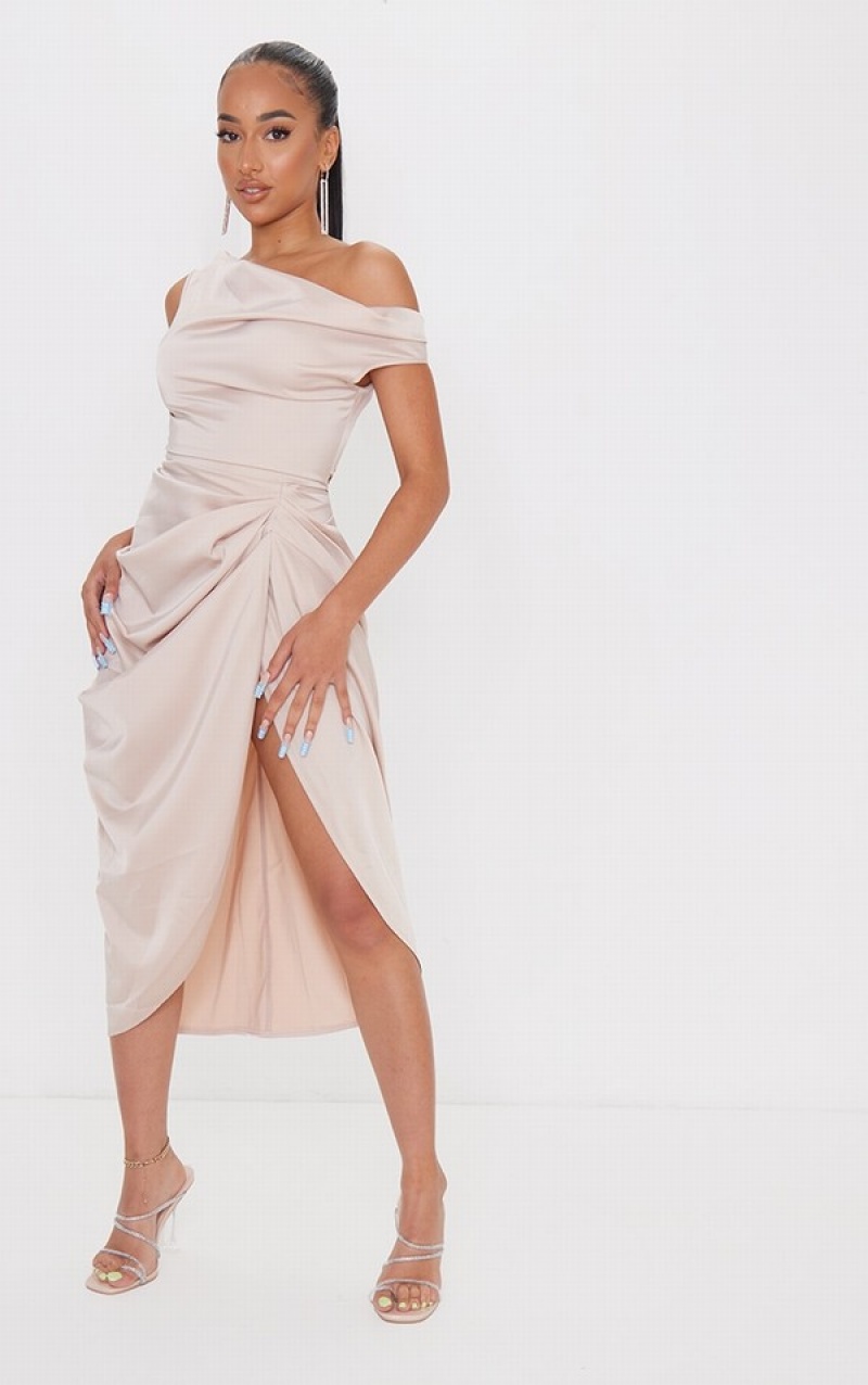 Grey Pretty Little Thing Petite Champagne Satin Off The Shoulder Draped Dresses | FTGJSWV-76