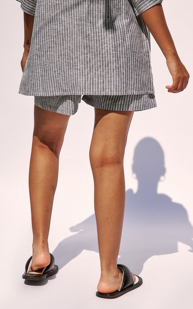 Grey Pretty Little Thing Petite Charcoal Pinstripe Linen Look Shorts | DTQINWO-67