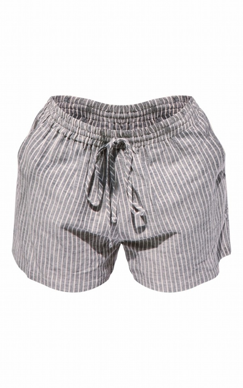 Grey Pretty Little Thing Petite Charcoal Pinstripe Linen Look Shorts | DTQINWO-67