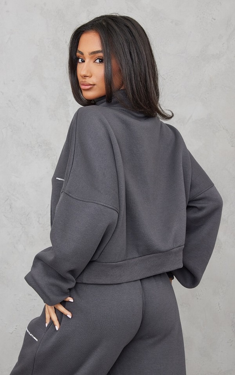 Grey Pretty Little Thing Petite Charcoal Half Zip Oversized Sweatshirts | UQSHRXD-95