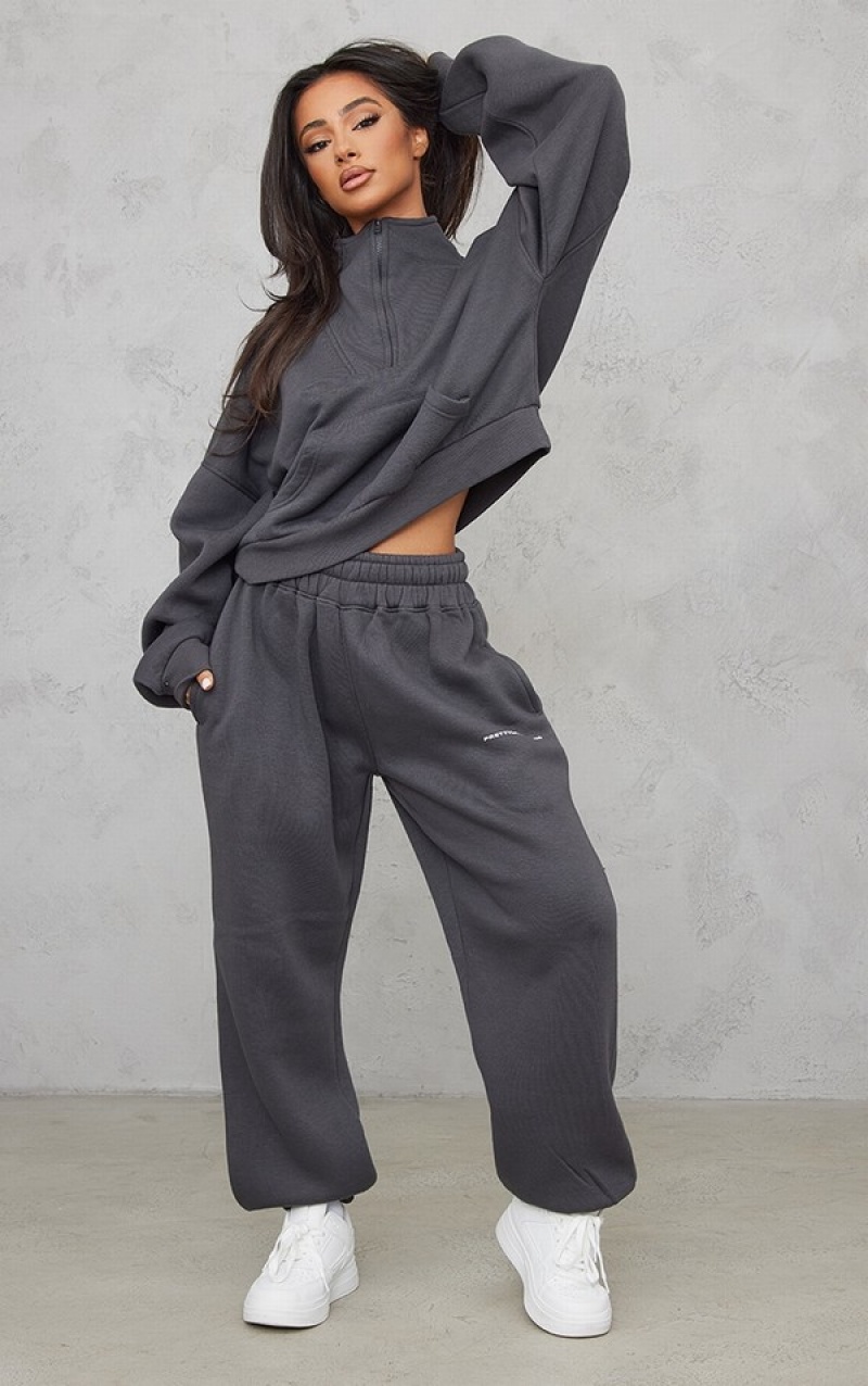 Grey Pretty Little Thing Petite Charcoal Half Zip Oversized Sweatshirts | UQSHRXD-95