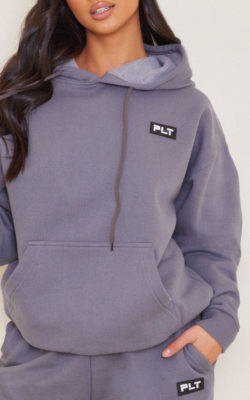 Grey Pretty Little Thing Petite Charcoal Badge Detail Oversized Hoodie | VDEHGIW-59