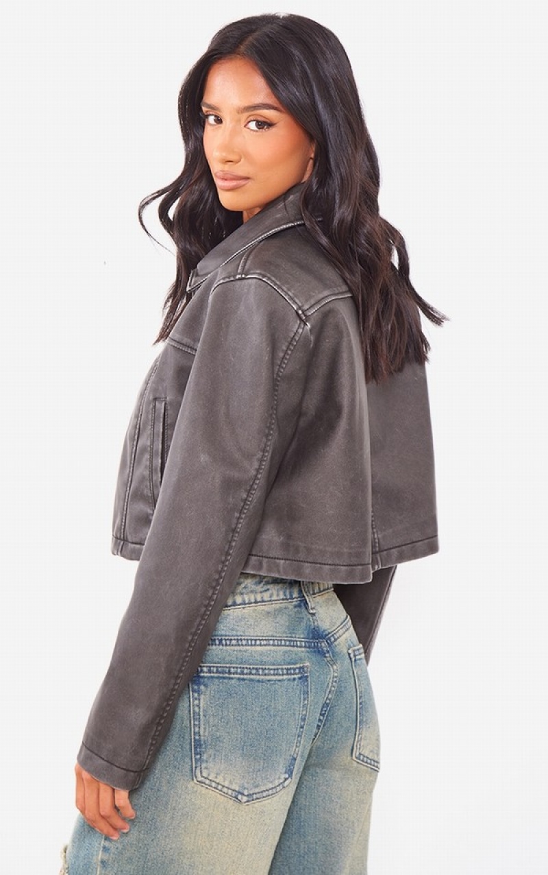 Grey Pretty Little Thing Petite Distressed Look Boxy Cropped Faux Leather Jackets | YULCZFV-61