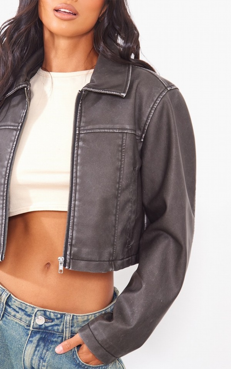 Grey Pretty Little Thing Petite Distressed Look Boxy Cropped Faux Leather Jackets | YULCZFV-61