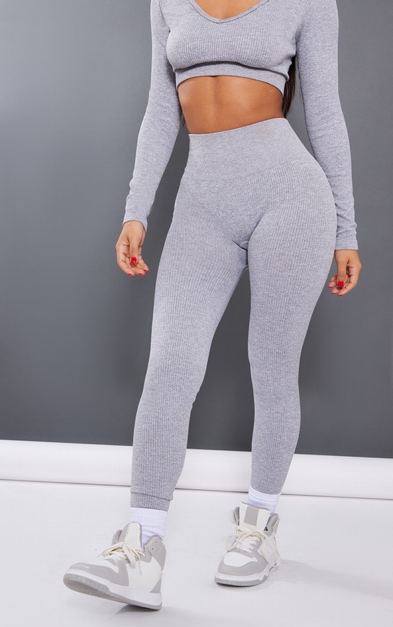 Grey Pretty Little Thing Petite Marl Contour High Waisted Leggings | GIXLSMW-14