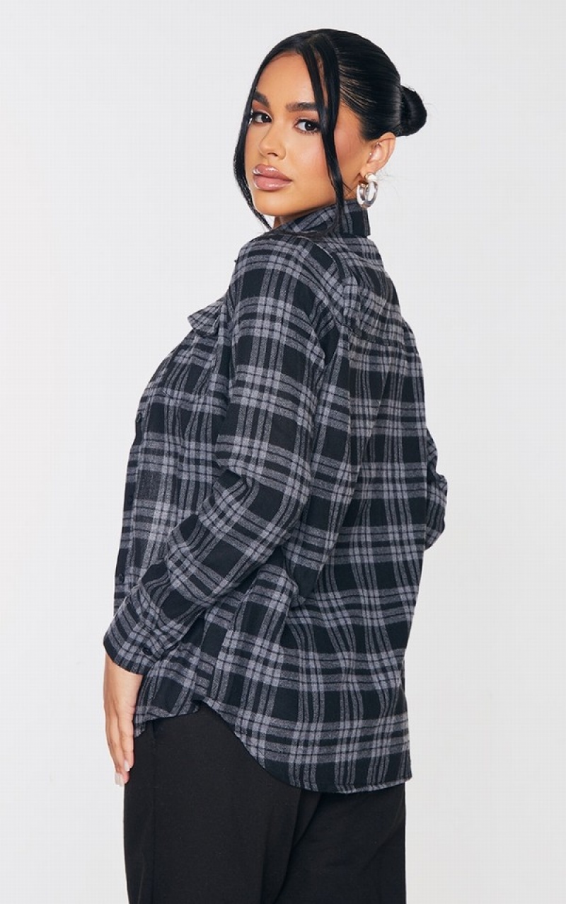 Grey Pretty Little Thing Petite Oversized Checked Boyfriend Shirts | DJLPGOX-37